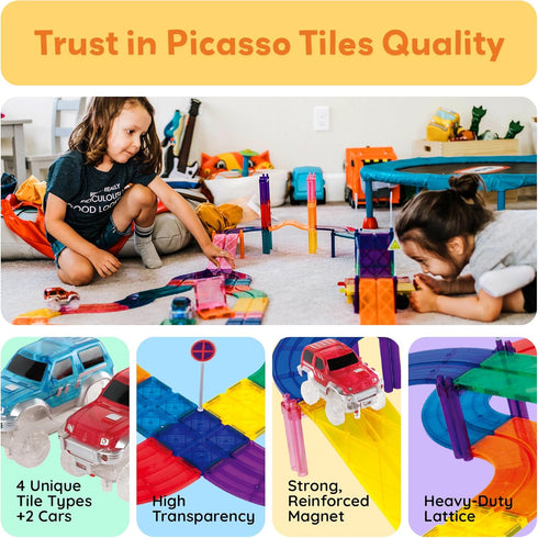 PicassoTiles Magnetic Race Track Toys Set for Toddlers, Includes 2 Trucks, Building Blocks for Kids Age 3+
