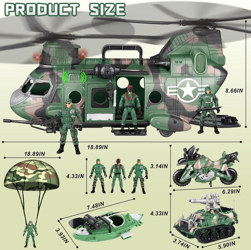 Set Playset, deAO Military Helicopter Toys Army Men Army Toys with Army Tank, Soldier Action Figures, Motorcycle