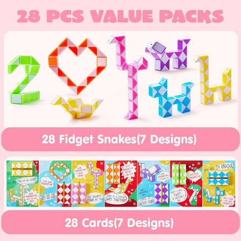28 Packs JOYIN Valentine's Day Cards with Snake Twist Toys for Kids, Snake Twist Puzzle Magic Stress Relief Fidget Toys