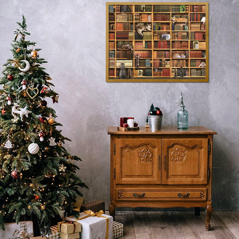 RECHIATO 1000+ Cats Library Jigsaw Puzzle, Piece Funny Kitten Bookshelf Puzzles, Challenging Animal Pet Lover Gifts