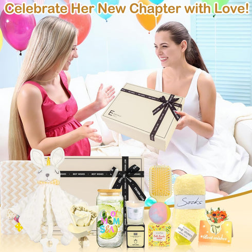 Set 11PCS Package New Mom Gift Box - Unisex Luxury Spa & Baby Essentials in Elegant Box | Bunny Lovey, Changing Pad
