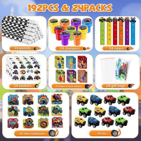 192Pcs Set BenLouis Monster Truck Party Favors Truck Car Birthday Stampers Stickers School Stationery Bulk for Kids