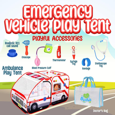 Ambulance Pop-up Play Tent for Kids with Sounds, Doctor Kit & Ball Pit, Easy Setup Indoor & Outdoor Emergency Vehicle