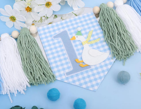Agkvw 1st 1st One Funny Goose High Chair Banner for Boys - Goose Theme Birthday Decorations, Blue Gingham Style