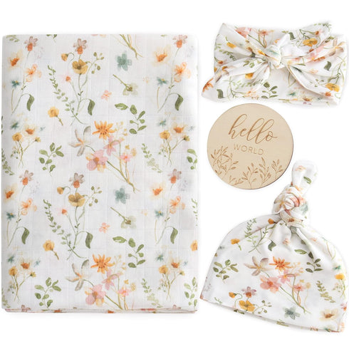 LifeTree Newborn Swaddle Set with Matching Hat and Bow Set, Wooden Birth