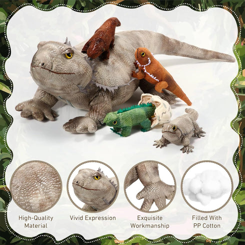 Lenwen 5 Pieces Bearded Dragon Lizard Plush Toy Set, 26 Inch Bearded Dragon Stuffed Animal with 4 Plush Baby Lizards