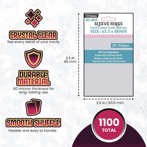 63.5x88mm (10x110 Pack, 1100 Sleeve Kings Card Game Card Sleeves Sleeves) Protective Covers for Trading Cards, Board