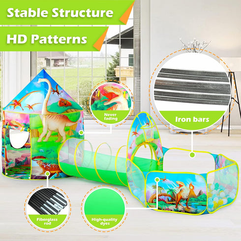 3PC Dinosaur Tent for Girls, Kids Ball Pit, Play Tents and Crawl Tunnel, Pink Pop Up Playhouse Toys