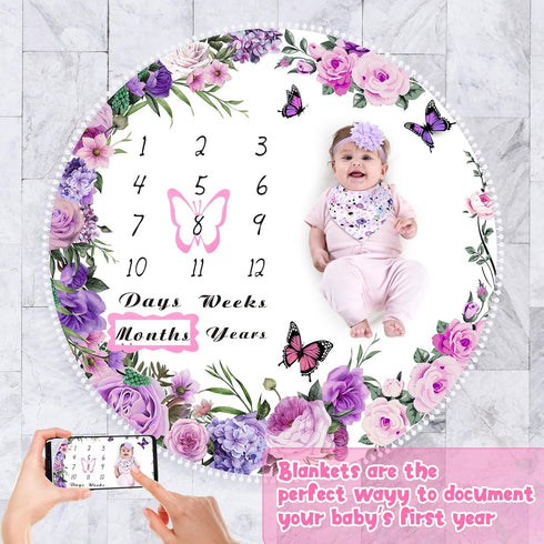 Chumia 6 Pcs Monthly Baby Milestone Blanket Set, Baby Age Blanket with Bandana Frame Headband for Girls Boys (Purple)
