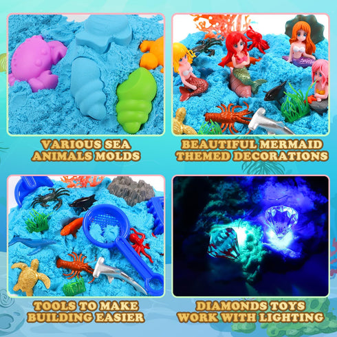 2.2lbs 3 4 5 6 7 8 GAIETYDIY Mermaid Sensory Bin for Girl, Magic Sand Art Kit with LED Light, Sensory Sand, Ocean Sea