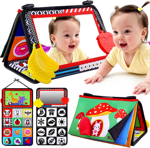Baby Tummy Time Toys with Mirror, Books, Teethers - For 0-12 Months, Montessori Crawling Toys for Boys & Girls