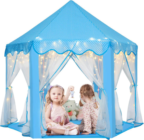Monobeach Princess Tent for Girls - Large Playhouse Kids Castle Play Tent with Star Lights, Indoor Outdoor Games (Blue)