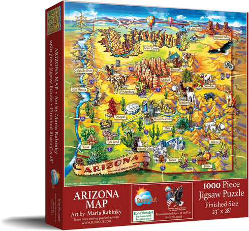 SUNSOUT INC - Arizona Map 1000 pc Jigsaw Puzzle by Artist Maria Rabinky, Finished Size 23" x 28"
