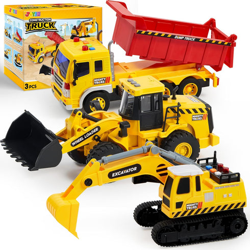 JOYIN 3-PCS Toddler Toy Construction Vehicles - Excavator, Dump Truck, Loader with Moveable Claw & Lifting Back