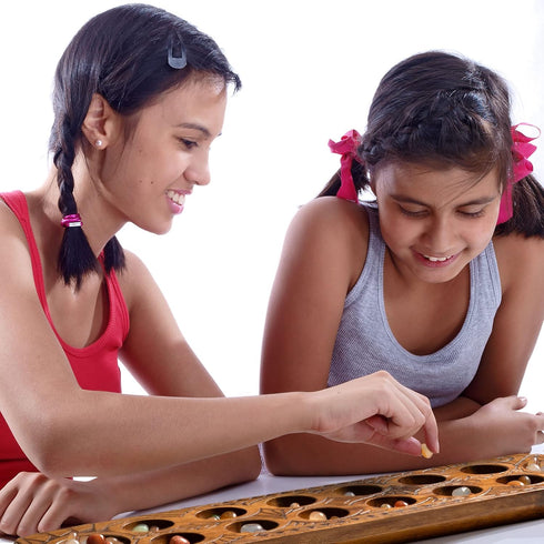 Set 17.3-Inch Yellow Mountain Imports Mancala with Solid Wood Board and Quartz Pebble Playing Pieces