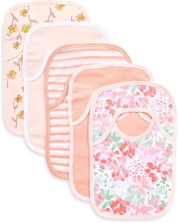 Bibs, 5-Pack Lap-Shoulder Drool Cloths, 100% Organic Cotton with Absorbent Terry Towel Backing (Tossed Succulents)