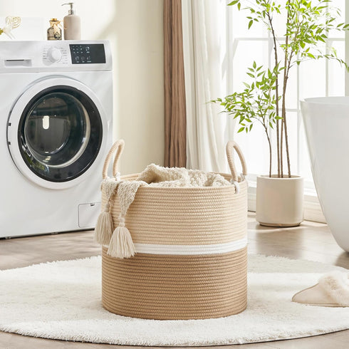 (18"x18"x16"),Woven KAKAMAY Large Blanket Basket Baby Laundry Hamper for Storage, Cotton Rope Blankets Baskets