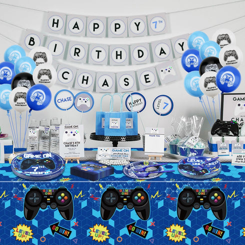 81 Pcs Video Game Party Supplies: 7th Birthday Video Game Decor Dinner Plates, Napkins, Tablecloth, Forks for 20