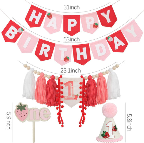 1st DCJHFJ Strawberry High Chair Banner Felt Strawberry Happy Birthday Banner Berry First Birthday Decorations