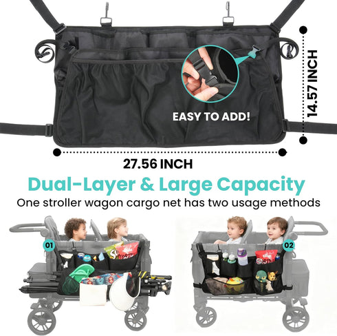 W2 W4 (1 Pack) Stroller Wagon Cargo Net and Organizer, Double-Layer with Extra Storage Space, Wagon Accessories