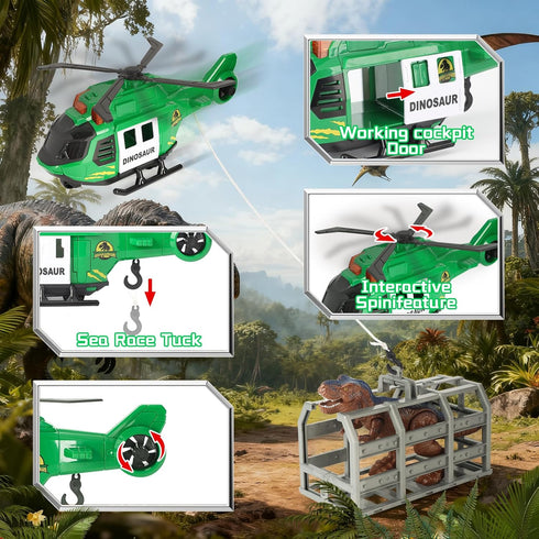 3 4 5 6+ Kids Dinosaurs Semi Trailer Truck Toys, Large Semi Flatbed Truck Toy with Helicopter and Dinosaurs, Lights