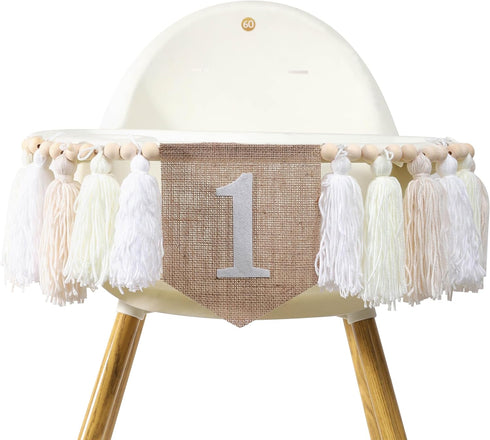 1st Birthday High Chair Banner - White Tassel Theme Banner For Girl - First Birthday Party Banner - White Fringe Wood