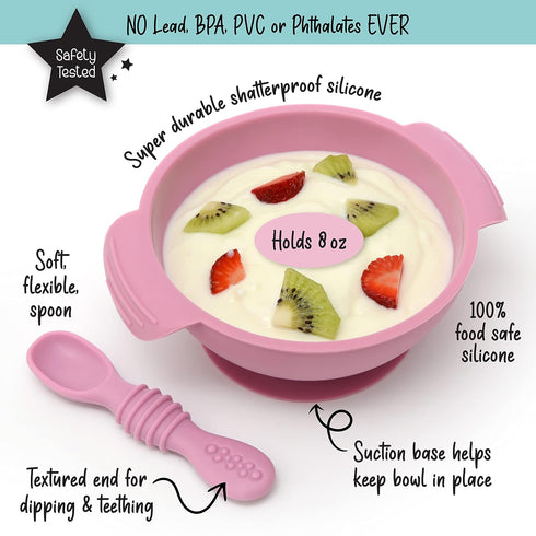 PrimaStella Unbreakable Silicone Non-Slip Bowl and Chew Spoon Set for Babies and Toddlers (Purple)