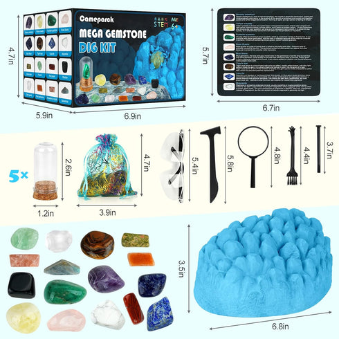 Gemstone Dig Kit, STEM Science Kit for Kids to Excavate 16 Real Gemstones, Educational DIY Toys