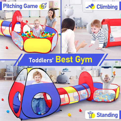 PigPigPen 3 in 1 Kids Play Tent, Pop Up Playhouse with Tunnel and Ball Pit for Indoor/Outdoor Fun