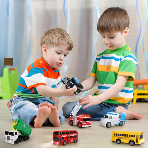 Toy Cars for Toddlers | 6 Pcs Pull Back Cars with Light and Sounds | City and Emergency Vehicles Set
