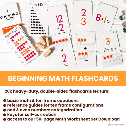 LITTLE BUD KIDS Counting Pegs - A Wooden Montessori Math Toy with Ten Frame Math Game, Addition and Subtraction Flash