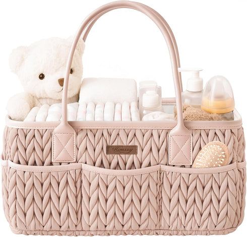 Konssy Braided Quilted Diaper Caddy Organizer, Boho Nursery Storage Basket with PU