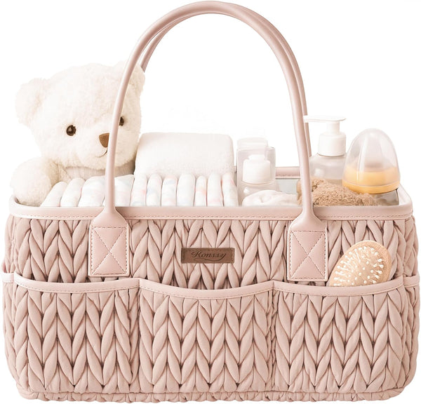 Konssy Braided Quilted Diaper Caddy Organizer, Boho Nursery Storage Basket with PU