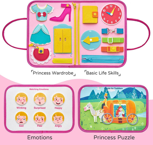 1-4, Freebear Deluxe Pink Princess Quiet Book Sensory Board for Toddlers Montessori Educational Toys for Girls, Travel