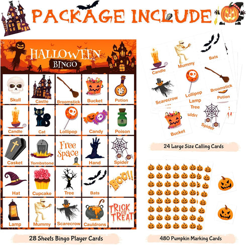 V-Opitos Large Size Halloween Bingo Game Card - 6''×8.5” for 28 Players, Halloween Party Favor