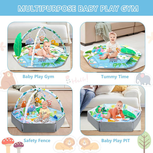 ZFDEBY 8-in-1 Tummy 0-3-6-9-12 Baby Gym Play Mat, Time Mat & Activity Gym Mat Ball Pit with Detachable Toys, Washable