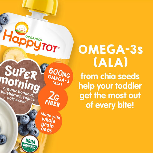 Happy Tot Organics Stage 4 Super Morning, Bananas, Blueberries, Yogurt & Oats + Super Chia, 4 Ounce Pouch, Pack of 8