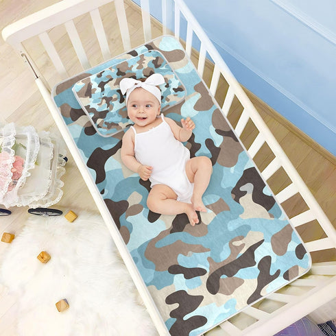 SyXIOP 28" 52" Camouflage Blue Cooling Baby Crib Mattress Cover x Absorbent Mattress Pads for Baby&Toddler