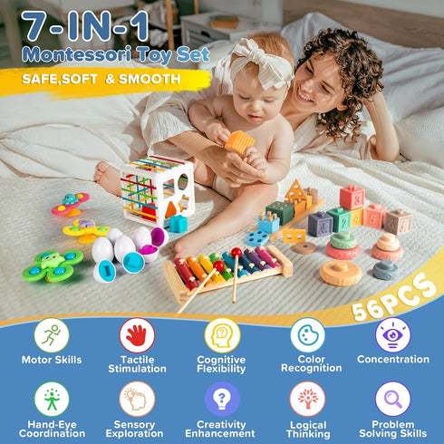 7in1 612Months 1+ 13 Montessori Baby Toys for & Years, Infant Sensory Teething & Stacking Blocks | Wooden Shape Sorter