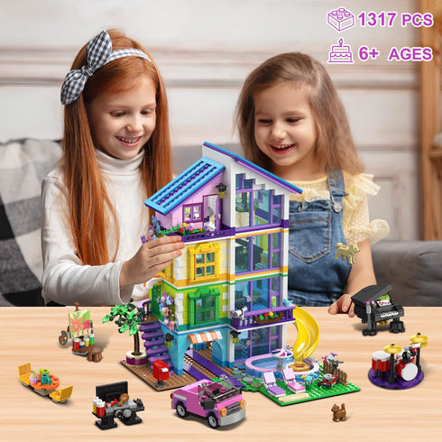 Set 1317 4 8-14+ HOGOKIDS Girls House Building with LED Light - PCS Friends Villa Block Toy with Car and Pool, Garden