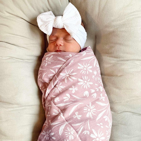 Set, Set 47 47 inches, 70% 30% LifeTree Baby Swaddle Blanket and Bow Mauve Floral Muslin Newborn Swaddle with Matching