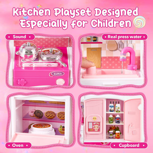 Mastom Playset 3 4 5 6 Kitchen for Girls, Pretend Play Kitchen Toy for Dolls with Lights Sounds & Accessories, Gifts