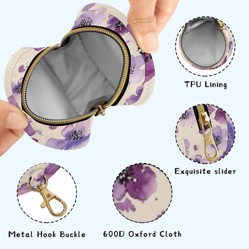PYBUG Purple Flowers Round Pacifier Storage Case, Polyester & TPU Lined with Hook Buckle, Pacifier Container Box