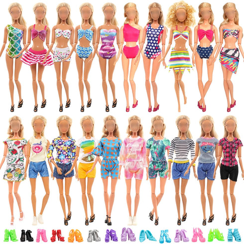 BARWA 10 Sets Doll Clothes Including 5 Bikini Swimsuits 5 Outfit Tops and Pants with 10 Shoes for 11.5 inch Dolls