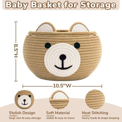 10.5"D 8.5"H CherryNow Cotton Rope Baby Basket for Nursery, Bear Gift Baskets for Kids, Empty Baby Shower Basket