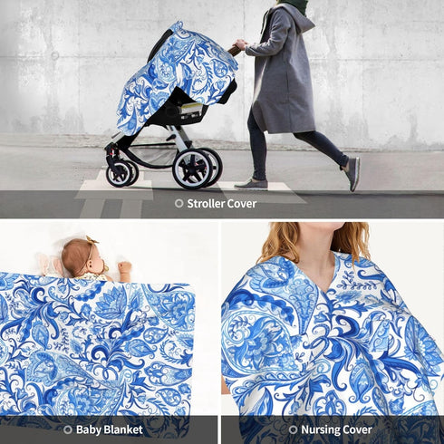 Hcpwzrf Blue White Floral Paisley Baby Car Seat Cover & Nursing Cover - Breathable Stretch Multi-Use Cover