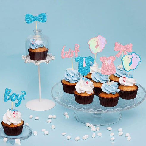 Gyufise 24 Pack Cupcake Toppers, Glitter Onesie Jumpsuit Footprint Bow Tie Picks for Baby Shower Birthday