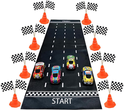 41PCS Mini Race Car Table Game Set, Mini Race Cars, Traffic Cones, Checkered Flags for Birthday Party Supplies