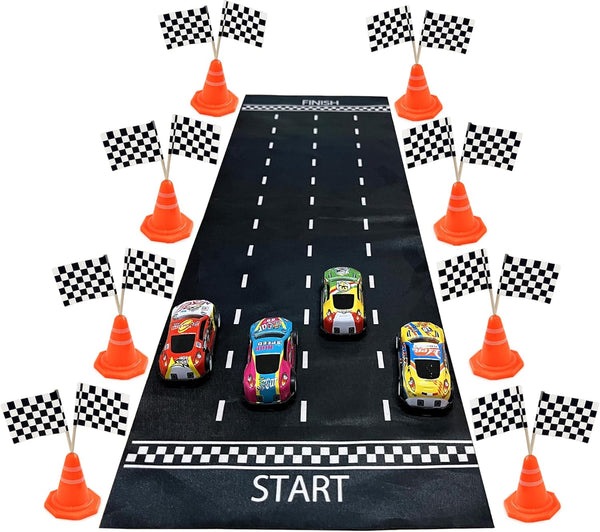 41PCS Mini Race Car Table Game Set, Mini Race Cars, Traffic Cones, Checkered Flags for Birthday Party Supplies