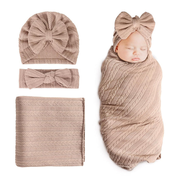 DRESHOW BQUBO Newborn Receiving Blanket with Matching Bow Hat and Headband Shower Gift for Girls